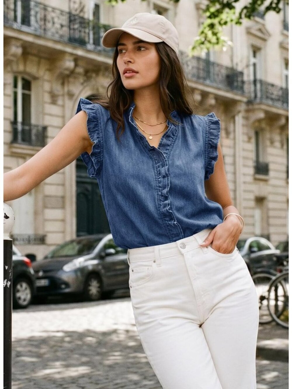 Women's Dark Blue Sleeveless Tops Button Up Peplum V Neck Jean Western Vest - Picture 3 of 6